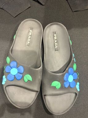 Prada Black Slide Sandals with Blue Floral Accents